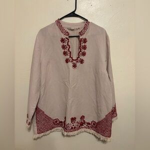 Soft Surroundings PXL Linen Cotton Embroidered Beaded Boho Tunic Top Fringe Hem